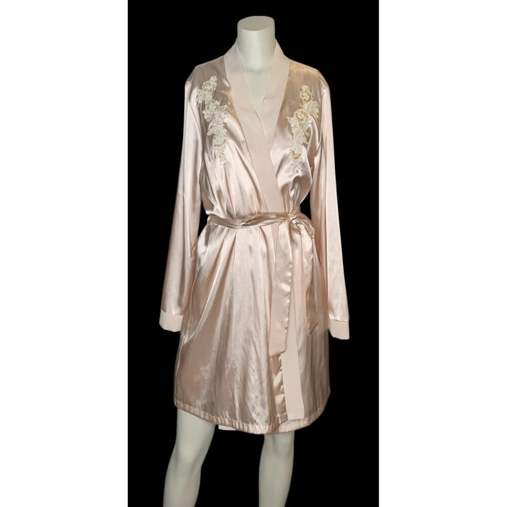 Vtg Linea Donatella Pink Satin Embroidered Lace Robe & Chemise Slip Dress Set S